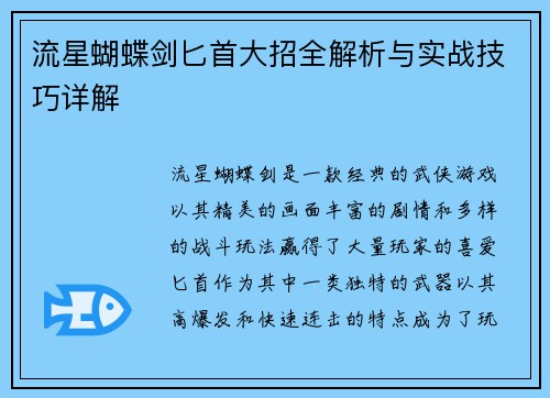 流星蝴蝶剑匕首大招全解析与实战技巧详解